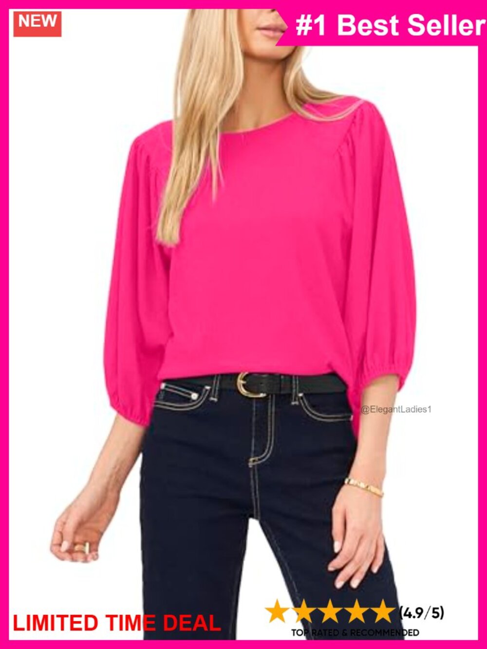 Raglan Puff Sleeve Knit Blouse Scoop Neck 3/4 Sleeve Pullover Top
